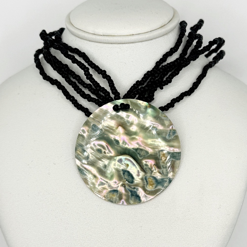 NEW Vintage 17” Necklace Round Abalone Shell With Black Beads